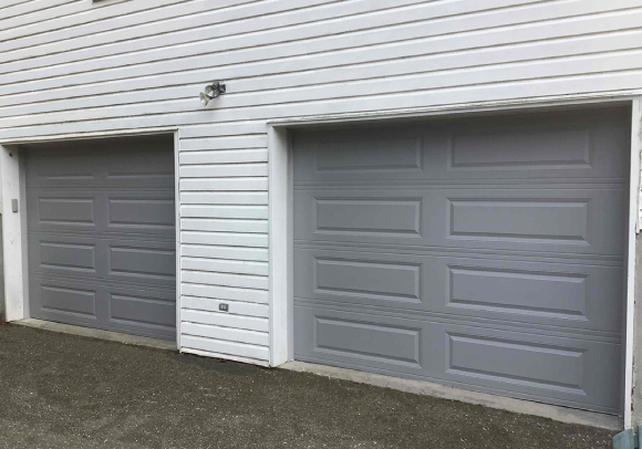 grey steel long panel garage door